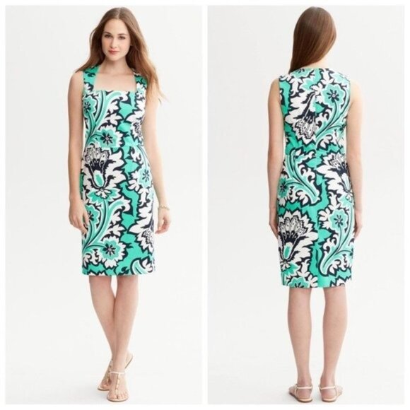 Banana Republic Floral Sheath Dress Teal Green & White 10 Medium - Picture 1 of 9